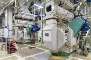 "Advanced feed processing equipment inside a modern manufacturing facility, showcasing innovative Feed Mill Solutions for efficient livestock nutrition production."